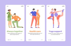 Support from husbands to wives during pregnancy. Welcome screenshots of a mobile application for future parents. Dad listens to mom's tummy, a couple hugging, a man and a woman do yoga. Vector flat