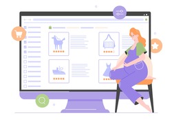 Pregnant mom-to-be and a giant monitor. Buying and selling goods online. Children's things, toys. Fast and secure online transactions. Website for sellers and buyers. New life of old things. Vector.