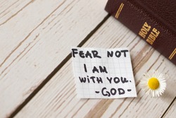 Fear not, do not be anxious, I am with you. God and Jesus Christ are with us. Inspiring bible verse. Christianity concept.