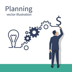 Businessman draws business strategy. Planning development of ideas. Process in form of infographics on steps. Vector illustration flat design. Isolated on white background. Successful people.