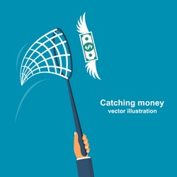 Chasing money concept. Businessman trying to catch flying money. Business metaphor. Vector illustration flat design. Isolated on white background.