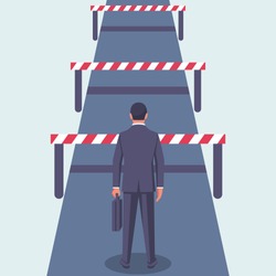 Conquering adversity. Hurdle on way concept. Businessman obstacle metaphor. Overcoming obstacle on road. Vector illustration flat design. Barrier on way to success. Vector illustration flat design.