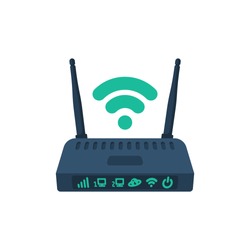 Modem flat icon. Router wireless with the antenna cartoon style. Wifi vector sign. Color illustration isolated on white background. Device for distributing Internet.