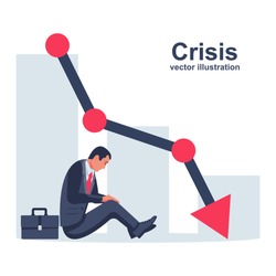 Financial crisis concept. Problem collapse crash. Crying businessman is sitting under falling chart. Loss of income. Capital lost. Cost reduction. Vector flat design. Declining diagram. Down profit.