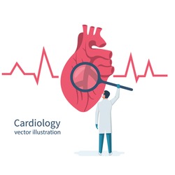Cardiology concept. Cardiologist doctor holds magnifying glass in hands, looks to big human heart. Red heartbeat with life line, symbol healthcare. Medical background. Vector illustration flat design.