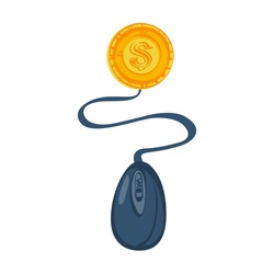 Online money concept. Web account. Virtual money. Management online wallet, computer mouse is connected to banknote. Vector illustration sketch design. Isolated on white background.