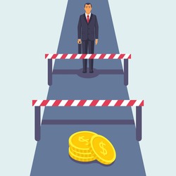 Conquering adversity. Hurdle on way concept. Businessman obstacle metaphor. Overcoming obstacle on road. Barrier on way to money. Vector illustration cartoon design. Isolated white background.