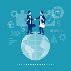 Global partnership. Two businessmen standing on the planet shake hands. Collaboration concept. Global business worldwide. Agreement on earth globe. Vector flat design. Isolated on white background.