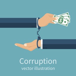 Handcuffs on hands during business corrupt deal. Anti corruption concept. Stop corruption icon. Vector illustration, flat design style. Bribery vector.