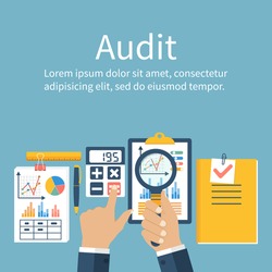 Auditing concepts. Auditor at table during examination of financial report. Financial audit. Auditing tax process. Research, project management, planning, accounting, analysis, data. Vector flat style