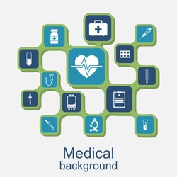 Medical concept background. Icons of medical equipment, diagnostics and medicine. Abstract medicine background. Vector illustration.