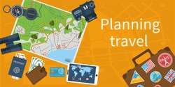Travel planning, concept. Trip plan. Planning vacation, search place for holiday. Vector illustration flat design style. Travel on world, banner. Summer vacation, holidays. 
