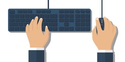 Hands on the keyboard and mouse. Flat style design, vector illustration. Workspace user's computer. Programmer, blogger, freelancer, designer, office employee.
