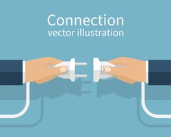 Business connection concept. Partnership. Vector illustration flat design. Businessmen connecting hold plug and outlet in hand, isolated on background. Cooperation interaction.
