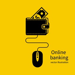 Online banking icon. Web account. Virtual money. Concept of management online wallet, computer mouse connected to wallet. Flat design vector illustration.