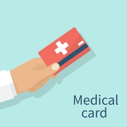 Medical insurance cards holding in hand doctor.  Isolated on background. Vector illustration flat design. Medical service concept