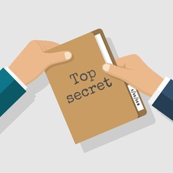 Top secret concept. Folder with classified documents, giving in hands. Deal, transmission of information, bribe, message. Vector illustration flat design.