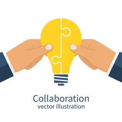 Collaboration concept. Completing business idea. Cooperation, teamwork. Successful solution puzzle. Symbol of partnership. Vector, flat design. Businessmen hold puzzle in hand connected in lightbulb.