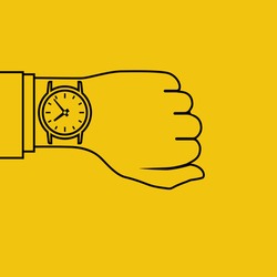 Wristwatch on hand of businessman in suit. Time on wrist watch. Man checks time on clock, control. Hand with clock isolated on background. Flat minimal design outline, vector illustration.