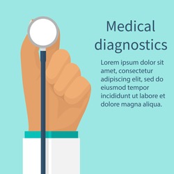 Medical diagnostics concept analysis, research. Vector illustration flat design. Web banner. Doctor hold medical stethoscope, isolated on background. Healthcare, diagnostic tool. Listen to heartbeat.