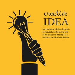 Creative ideas concept. Hand holding pencil with light bulb, silhouette icon. Innovation, solution. Success in education, art, project. Vector illustration flat design. Isolated on yellow background.