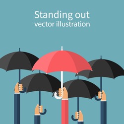 Standing out from the crowd. Uniqueness and individuality. Difference concept. Man holding a red umbrella among people with black umbrellas. Vector illustration flat design. Isolated on background.