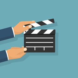 Movie clapper board hold in hand man. Isolated on background. Open clapperboard. Cinematography concept. Template for the director's instructions, the producer. Vector illustration flat design.