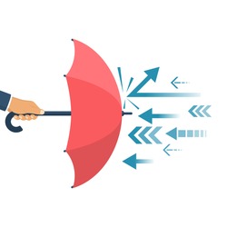 Protected from attack, concept. Defender business metaphor. Financial security. Businessman is holding an umbrella as a shield reflecting the attacks.