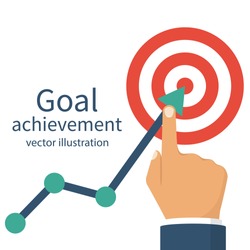 Goal achievement. Successful way up to goal. Ambition business. Path chart to target. Vector illustration flat design. Isolated on white background. Businessman to top graph. Aspiration to victory
