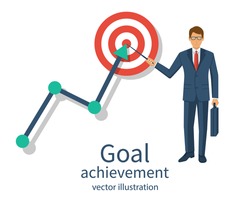 Businessman in suit shows on achievement goal. Ambition business. Path chart to target. Vector illustration flat design. Isolated on background. Aspiration to victory. Successful way on graph in top.
