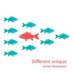 Another unique. Red fish in of white. Creative standing out from crowd. Uniqueness individuality courage confidence. Difference concept. Vector illustration flat design. Isolated on background.