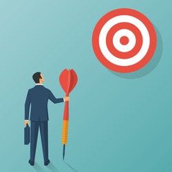 Purpose business concept. Purposeful businessman with spear in hand looks at the target. Achievement of goal. Vector illustration flat design. Aspirational people. Challenge achieve aim.