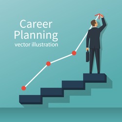 Career planning. Businessman draws graph of growth standing at stairs steps. Concept of career growth. Vector illustration flat design. Isolated on background.