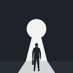Silhouette businessman in suit standing in front of keyhole. Solution to problem business concept. Man looks at open opportunities. Male walking go to goal. Vector flat design. Isolated background.