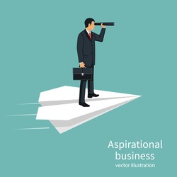 Aspirational business. Leadership isolated, concept of vision, mission ambitions. Path to success. Man with briefcase in hand flies on paper plane. Vector design. Looking in telescope seeing future.
