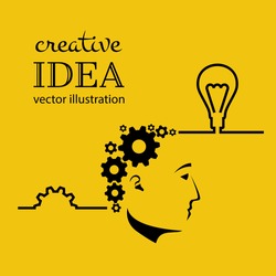 Creative ideas concept. Innovation, solution. Silhouette of person face, result work brain Idea. Mechanism of gears in head. Success in education project. Vector illustration. Isolated on background.