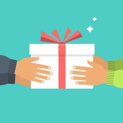 Give gift. People give each other gifts. White cardboard box with red ribbon and bow. Giving, receiving surprise. Vector illustration flat design. Delivery gifts for holiday. Isolated on background.