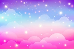 Rainbow unicorn background with clouds and stars. Pastel color sky. Magical landscape, abstract fabulous pattern. Cute candy wallpaper. Vector.