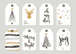 Set with Merry Christmas and Happy New Year vintage gift tags and cards with calligraphy. Handwritten lettering. Hand drawn design elements. Printable items 