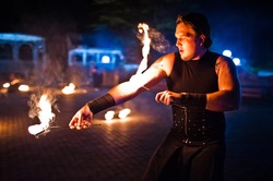 Amazing fire show on wedding ceremony at night