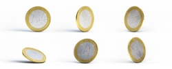 Multiple one euro coins on a white background with shadow. 3D render.