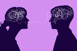 Dialogue between two people, confused thought concept. Communication between a man and a woman, problems in understanding. Two silhouettes with a tangled brain on a pink background