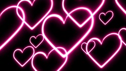 Lots of pink neon heart signs in motion, neon retro style background