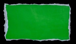 green paper framed text torn in the shape of a rectangle. Blank old paper template with black background and clipping path.