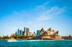 The city skyline of Sydney, Australia. Circular Quay and Opera House. touristic points, travel photo, sunny day