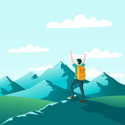 Man with backpack, standing on mountain or cliff and looking at mountain and forest view. Exploration, hiking, adventure tourism and travel. Flat vector illustration.