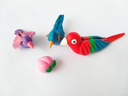 colorful plasticine clay birds isolated on white background.plasticine world.Handmade modelling clay birds.