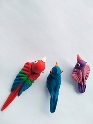 colorful plasticine clay birds isolated on white background.plasticine world.Handmade modelling clay birds.