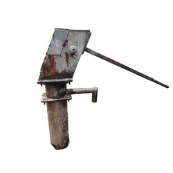 Old rusted water hand pump or reciprocating pump isolated on white background 