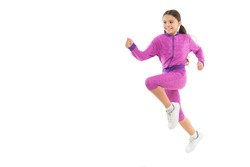 Girl cute kid with long ponytails sportive costume jump isolated on white. Working out with long hair. Sport for girls. Guidance on working out with long hair. Deal with long hair while exercising.